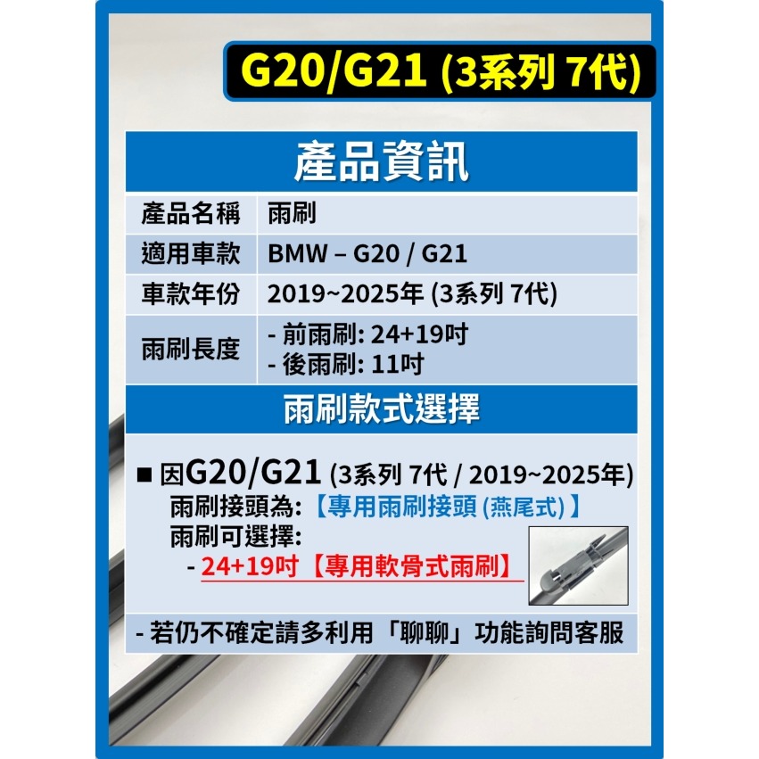 【矽膠雨刷】BMW 3系列 G20 G21 2019~2025年 24+19吋 專用軟骨式雨刷-細節圖3