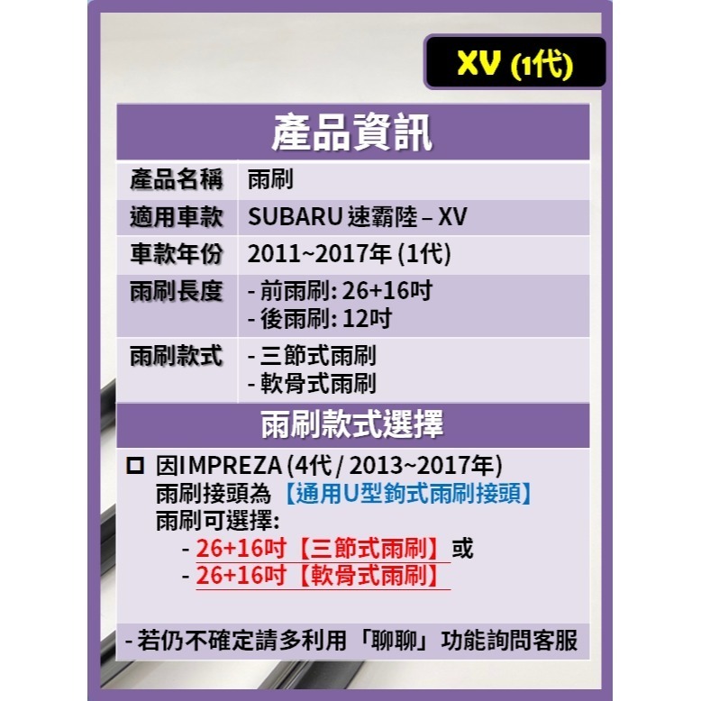 【CPF 矽膠雨刷】SUBARU 速霸陸 XV 1代 2011~2017年 26+16吋【三節式雨刷 軟骨式雨刷】-細節圖2