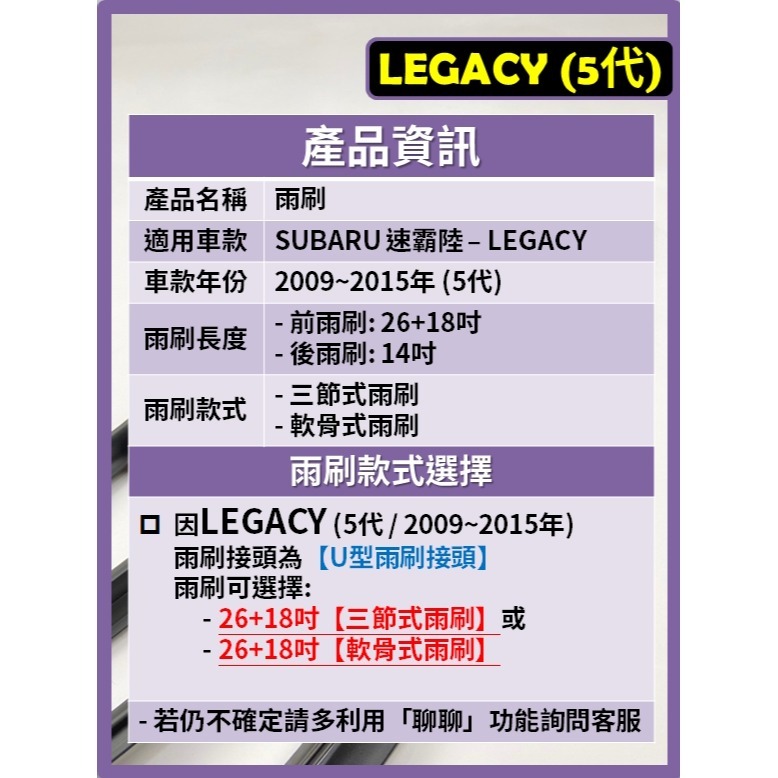 【CPF 矽膠雨刷】速霸陸 LEGACY 5代 2009~2015年 26+18吋【三節式雨刷 軟骨式雨刷】 不跳動-細節圖2