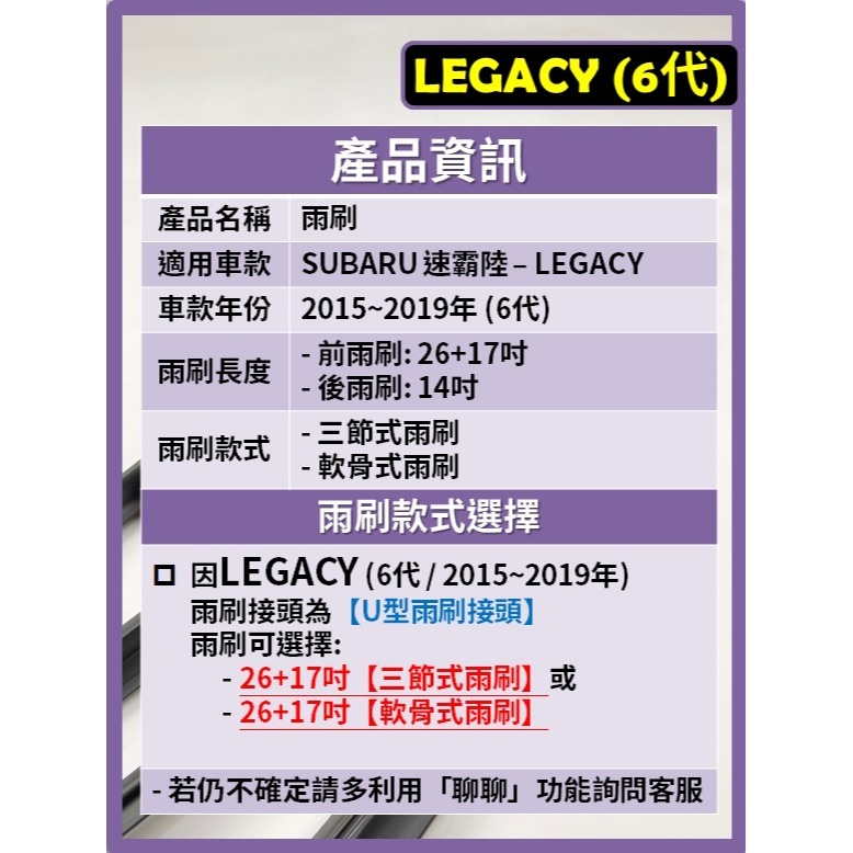 【矽膠雨刷】速霸陸 Legacy 6代 2015~2019年 26+17吋【三節式雨刷 軟骨式雨刷 可超商】-細節圖3