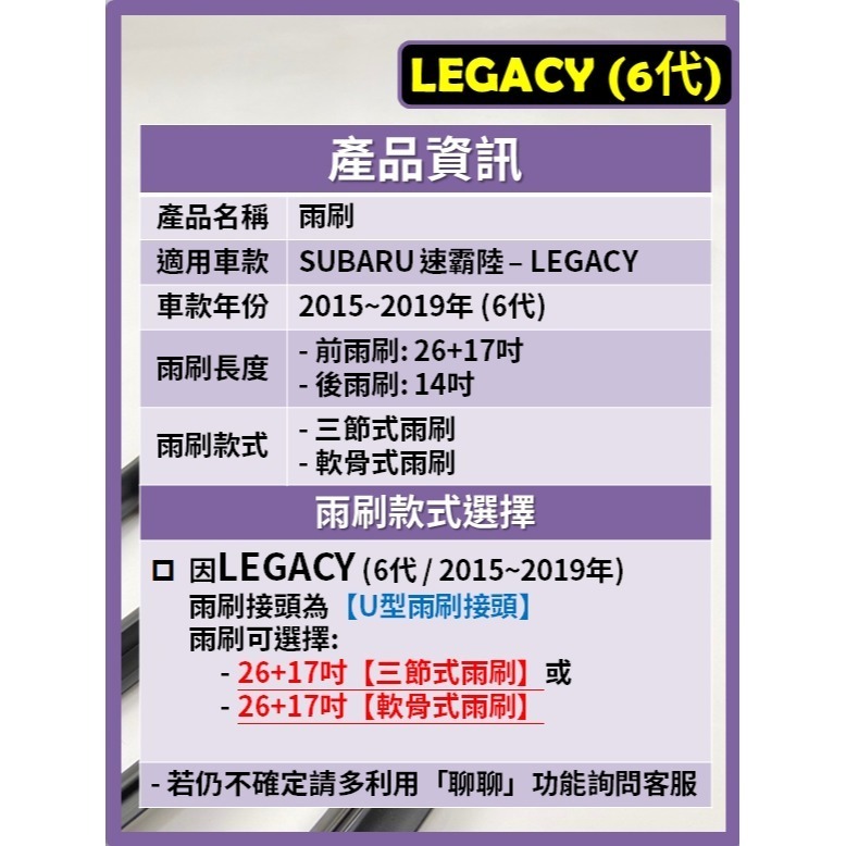 【CPF 矽膠雨刷】速霸陸 LEGACY 6代 2015~2019年 26+17吋【三節式雨刷 軟骨式雨刷】 不跳動-細節圖2