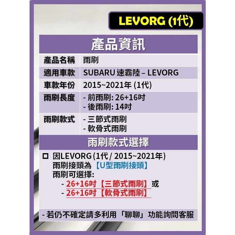【矽膠雨刷】SUBARU LEVORG 1代 2015~2021年 26+16吋【三節式雨刷】【軟骨式雨刷】-細節圖3