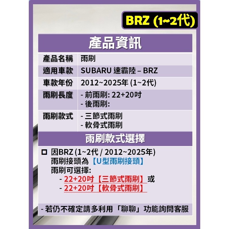 【矽膠雨刷】SUBARU BRZ 1~2代 2012~2025年 22+20吋【三節式雨刷】【軟骨式雨刷】-細節圖3