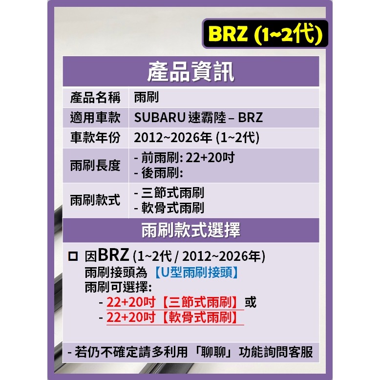 【矽膠雨刷】SUBARU BRZ 1~2代 2012~2026年 22+20吋【三節式雨刷】【軟骨式雨刷】-細節圖3