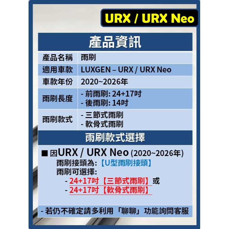 【矽膠雨刷】LUXGEN 納智捷 URX 2019~2026年 24+17吋【三節式雨刷】【軟骨式雨刷】-細節圖3