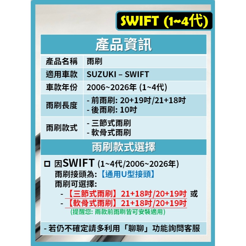 【矽膠雨刷】SUZUKI 鈴木 SWIFT 1~4代 2006~2026年 20+19吋 21+18吋【三節 軟骨式】-細節圖3