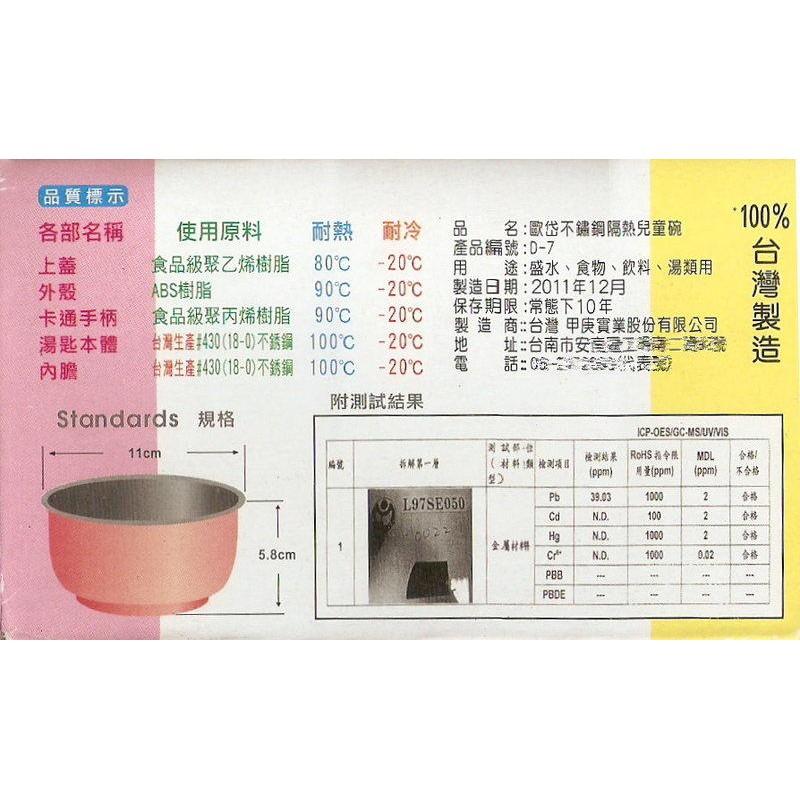 玲瓏小舖【台灣製造 歐岱 幼稚園雙層隔熱兒童碗(有湯匙孔)】不鏽鋼雙層隔熱兒童碗 三色碗 隔熱碗 兒童餐具 兒童湯匙-細節圖2