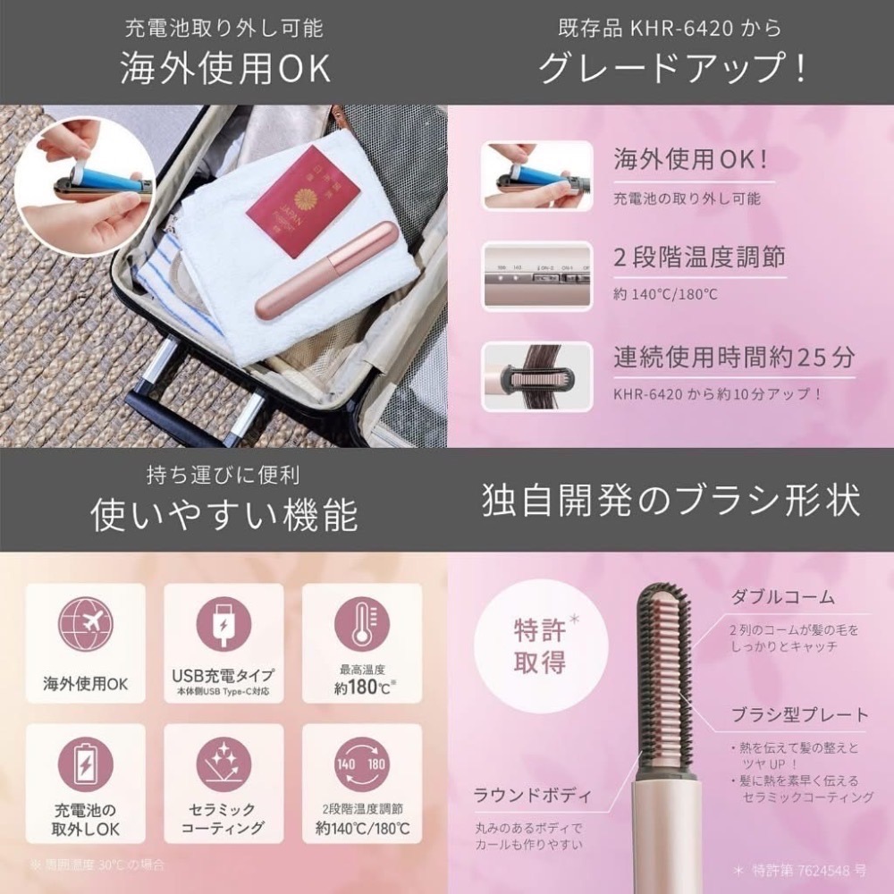 日本 KOIZUMI mini 瀏海梳 造型梳二代 KHR-6430 粉色/玫瑰金 （可帶上飛機）-細節圖3