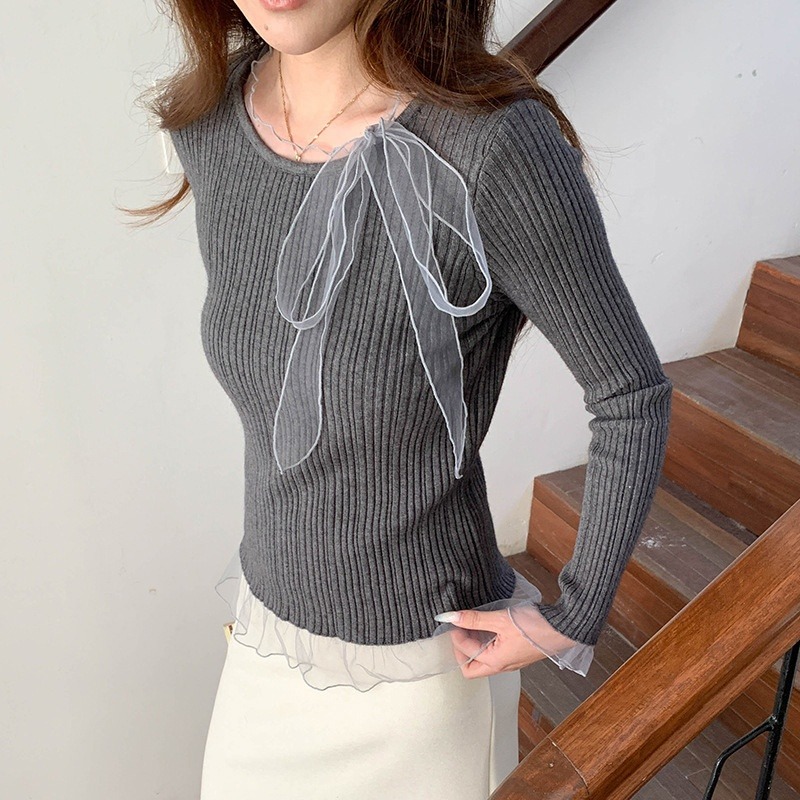 蕾絲邊拼接針織衫-細節圖2