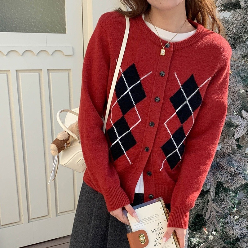 學院風氣息 撞色菱格針織衫-細節圖2