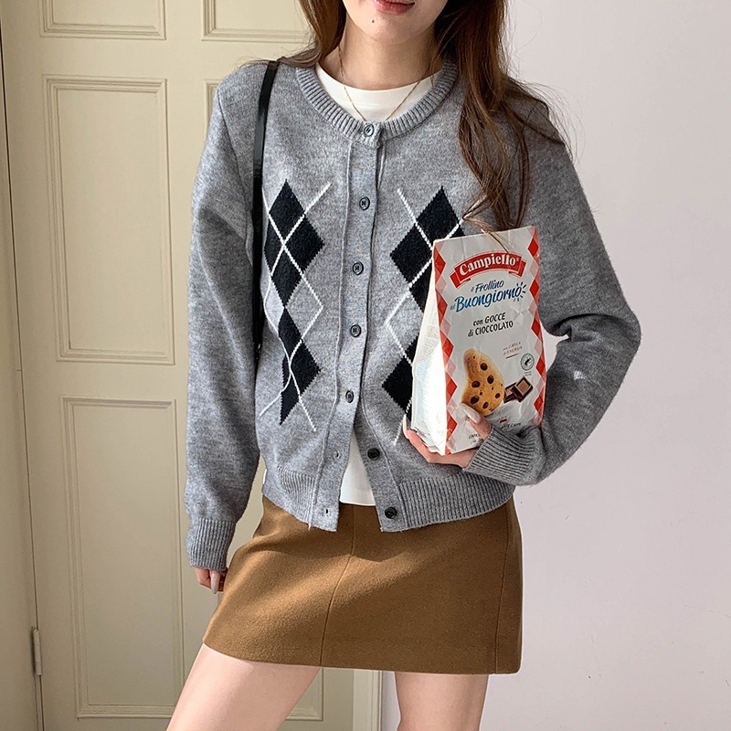 學院風氣息 撞色菱格針織衫-細節圖6