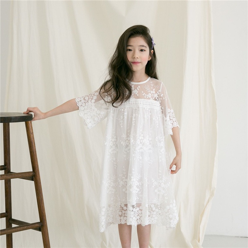 《童伶寶貝》EN001-韓系氣質小仙女范鏤空蕾絲女童長款白色洋裝 表演服-細節圖5