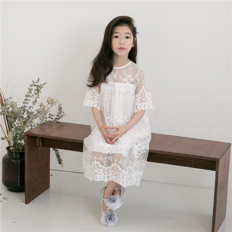 《童伶寶貝》EN001-韓系氣質小仙女范鏤空蕾絲女童長款白色洋裝 表演服-細節圖6