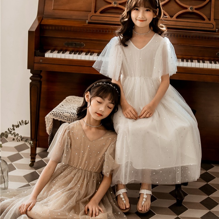 《童伶寶貝》EN060-夏款小性感V領星星女童長洋裝 禮服-細節圖3