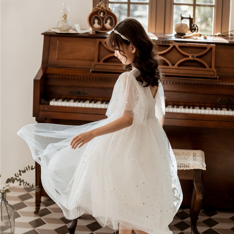 《童伶寶貝》EN060-夏款小性感V領星星女童長洋裝 禮服-細節圖6