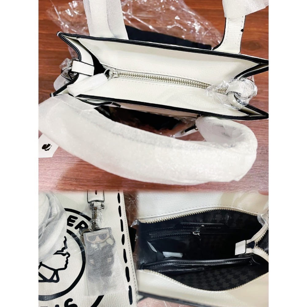 全新Karl Lagerfeld 卡爾經典款中號白色皮革紙袋包（附兩條寬細背帶+卡爾黑色防塵束口袋+小吊飾）-細節圖6