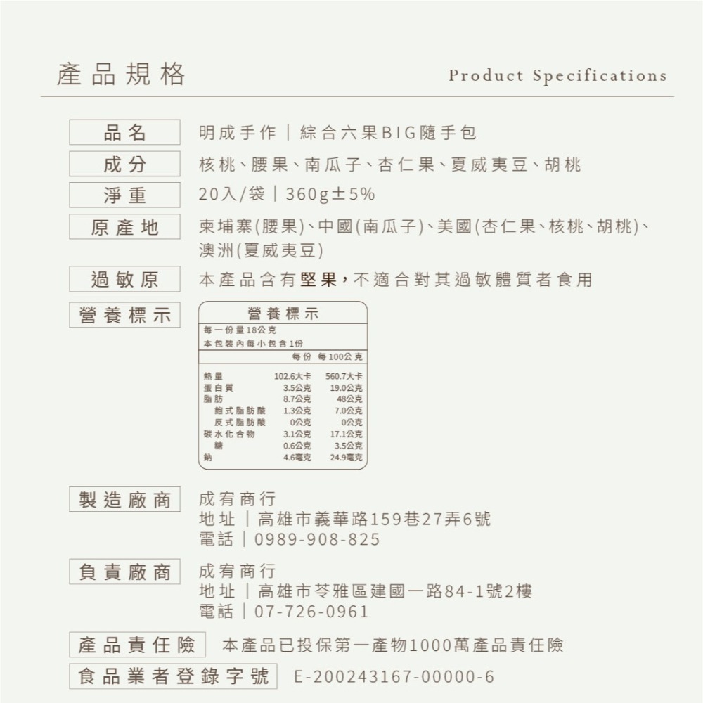 【明成手作】🏆忠於原味🏆BIG綜合六果 隨手袋|原味堅果 低溫烘焙 夏威夷豆 胡桃 核桃 腰果 點心 零食 團購|-細節圖3