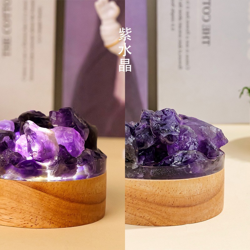天然水晶簇滴膠小夜燈紫水晶氛圍燈臥室床頭護眼夜燈創意禮物擺飾-細節圖3