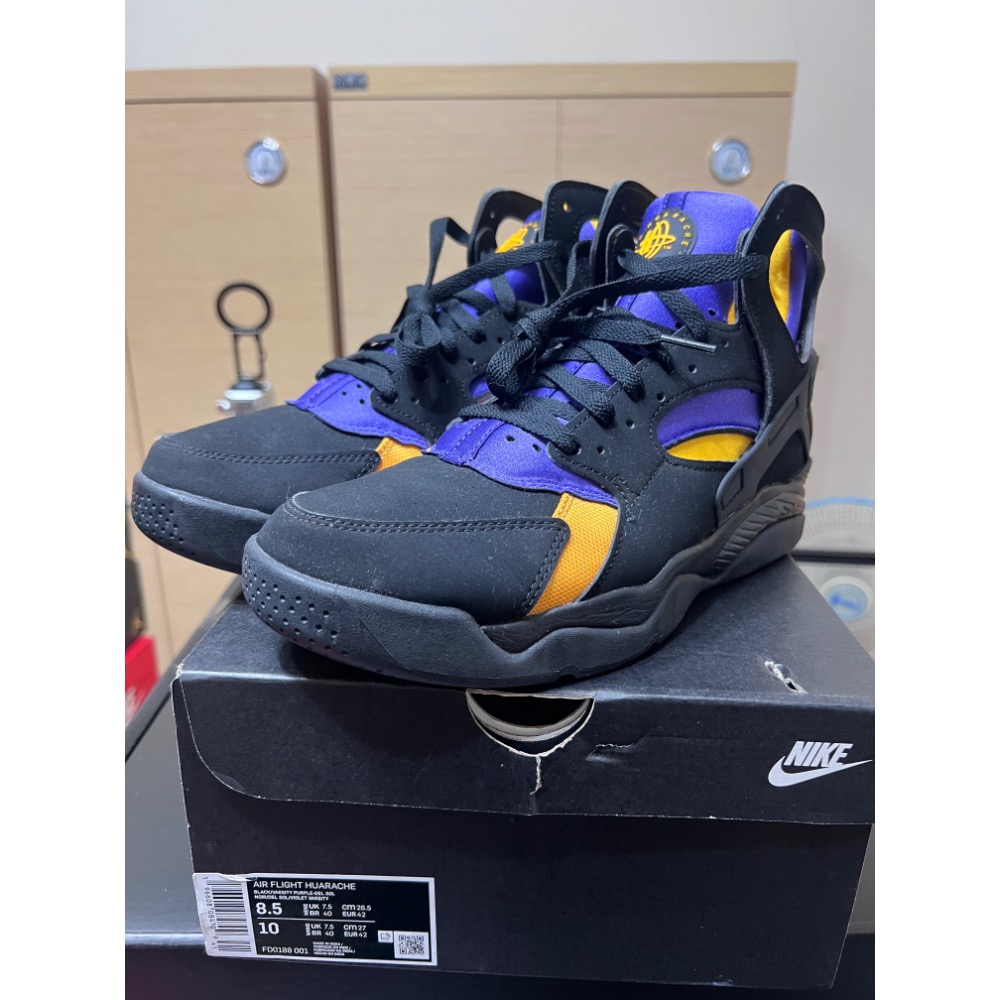 【極新二手】Nike Air Flight Huarache 湖人客場 FD0188-001 US8.5 復古籃球鞋-細節圖2