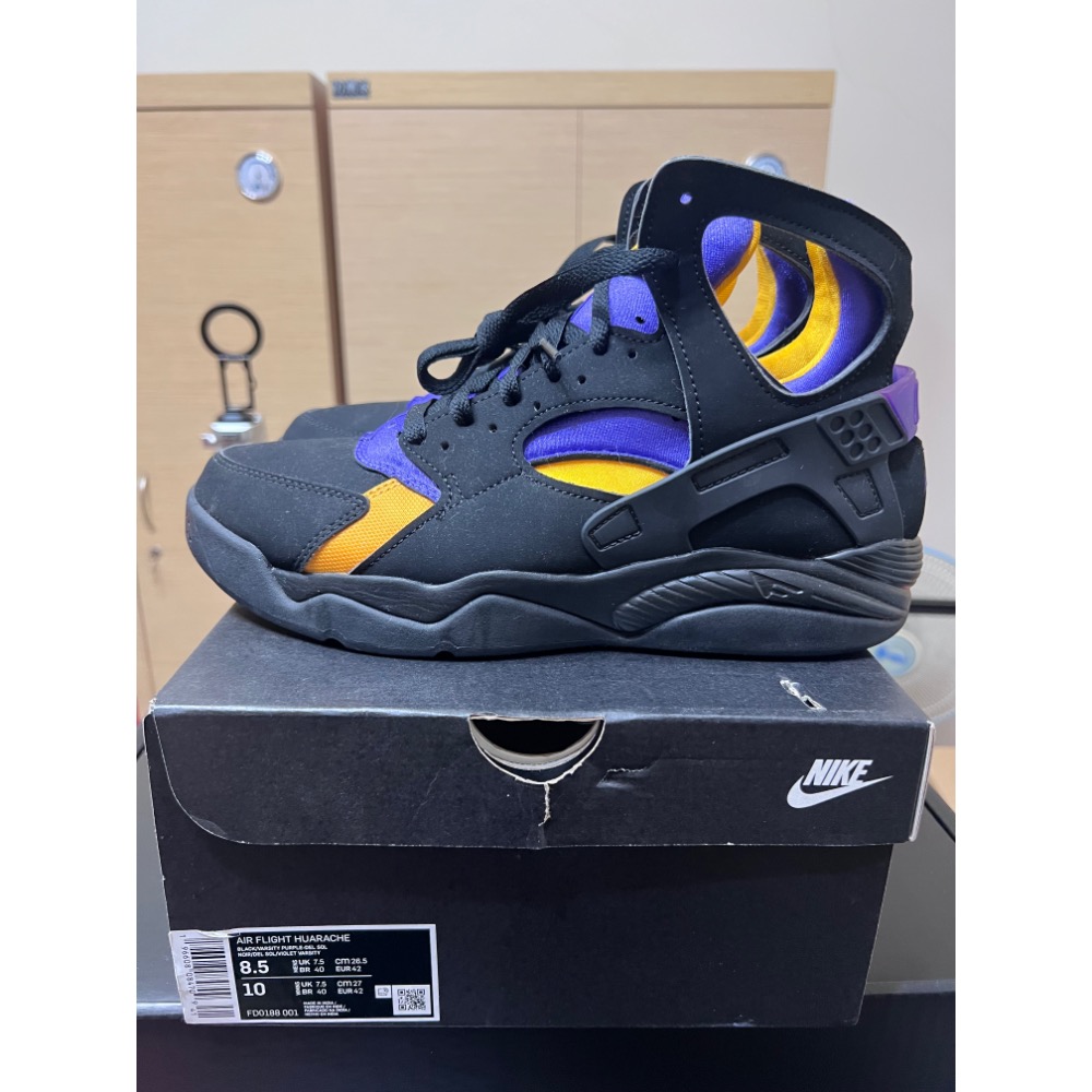 【極新二手】Nike Air Flight Huarache 湖人客場 FD0188-001 US8.5 復古籃球鞋-細節圖4