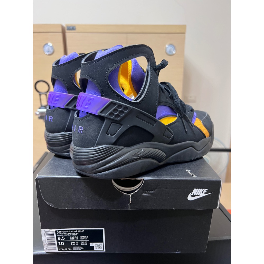 【極新二手】Nike Air Flight Huarache 湖人客場 FD0188-001 US8.5 復古籃球鞋-細節圖7