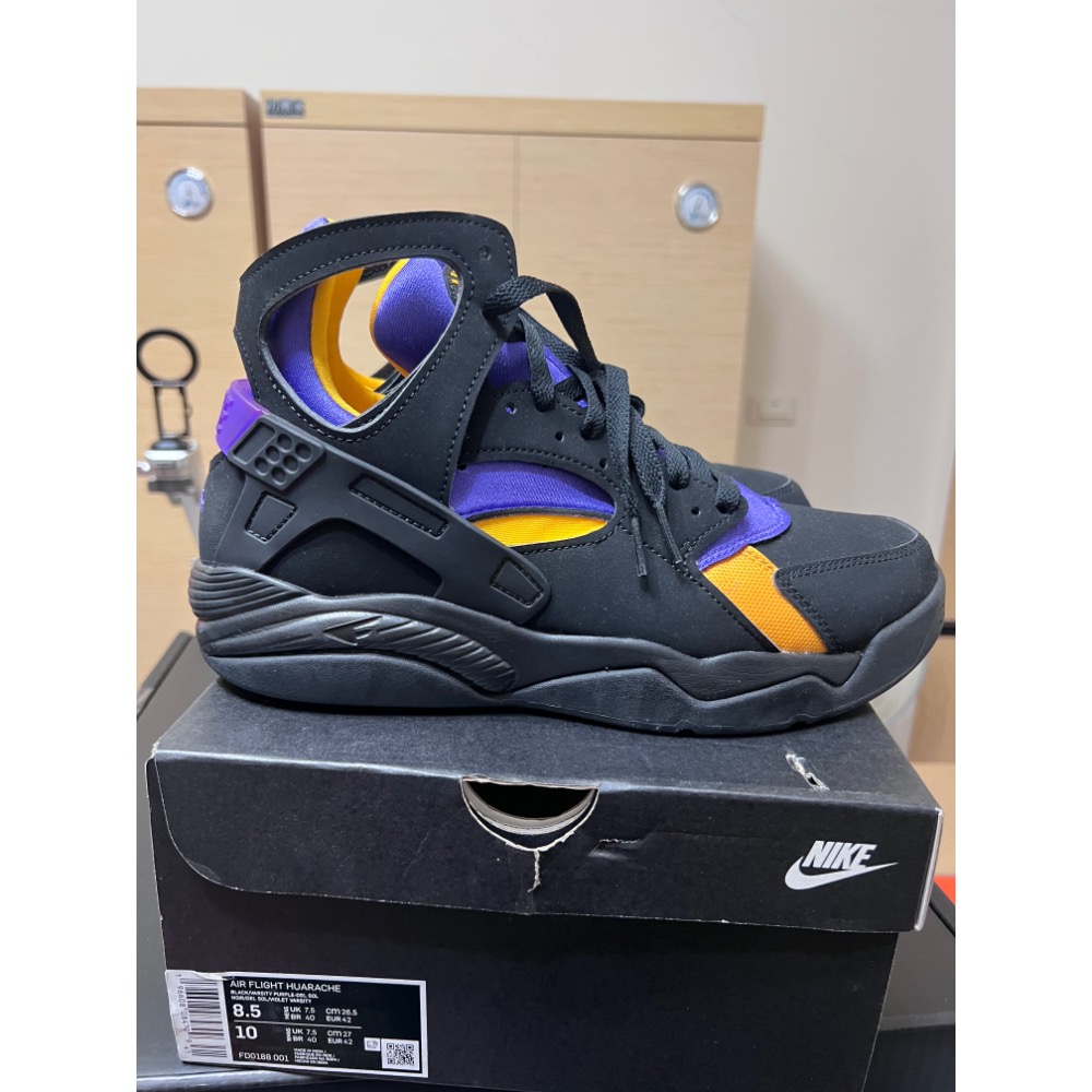 【極新二手】Nike Air Flight Huarache 湖人客場 FD0188-001 US8.5 復古籃球鞋-細節圖8