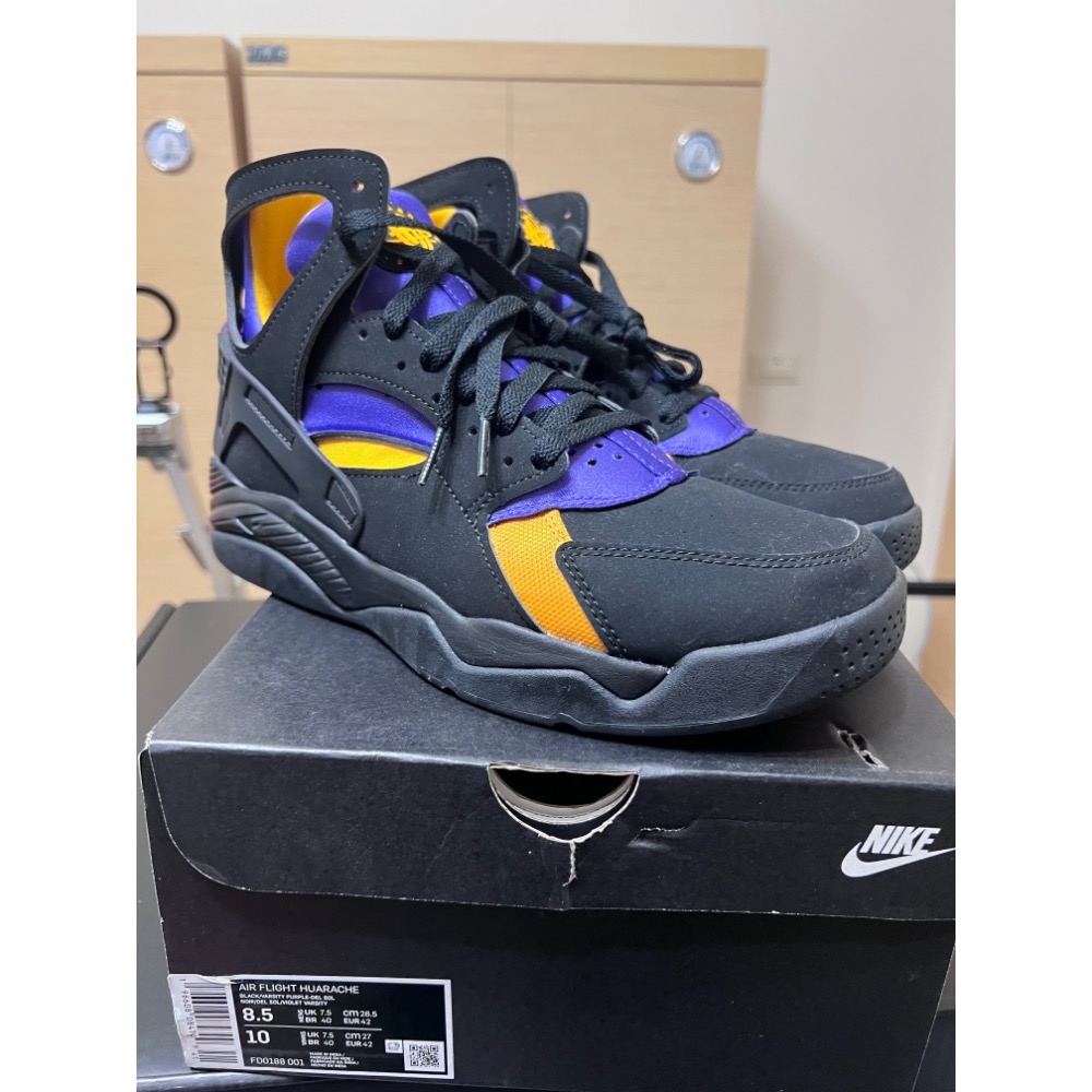 【極新二手】Nike Air Flight Huarache 湖人客場 FD0188-001 US8.5 復古籃球鞋-細節圖9