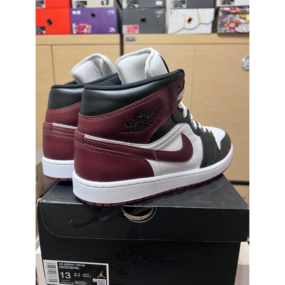 【大尺碼二手】Air Jordan 1 Mid Dark Pony 酒紅 US13 超值價-細節圖6