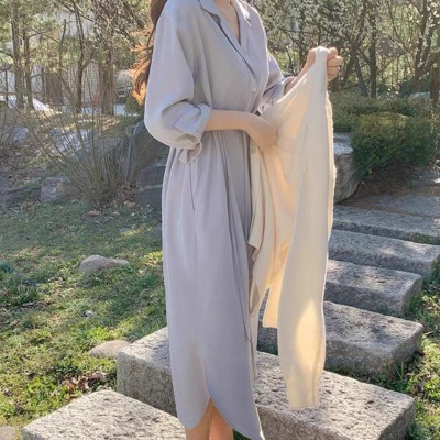 GLOW•韓系女裝·熱銷破千 S-XL現貨 歐膩韓版洋裝 一件式婚禮洋裝 溫柔V領排扣長洋 翻領雪紡洋裝 A2001-細節圖2