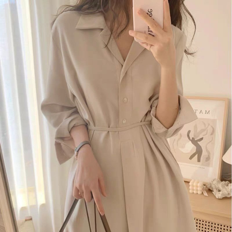 GLOW•韓系女裝·熱銷破千 S-XL現貨 歐膩韓版洋裝 一件式婚禮洋裝 溫柔V領排扣長洋 翻領雪紡洋裝 A2001-細節圖3