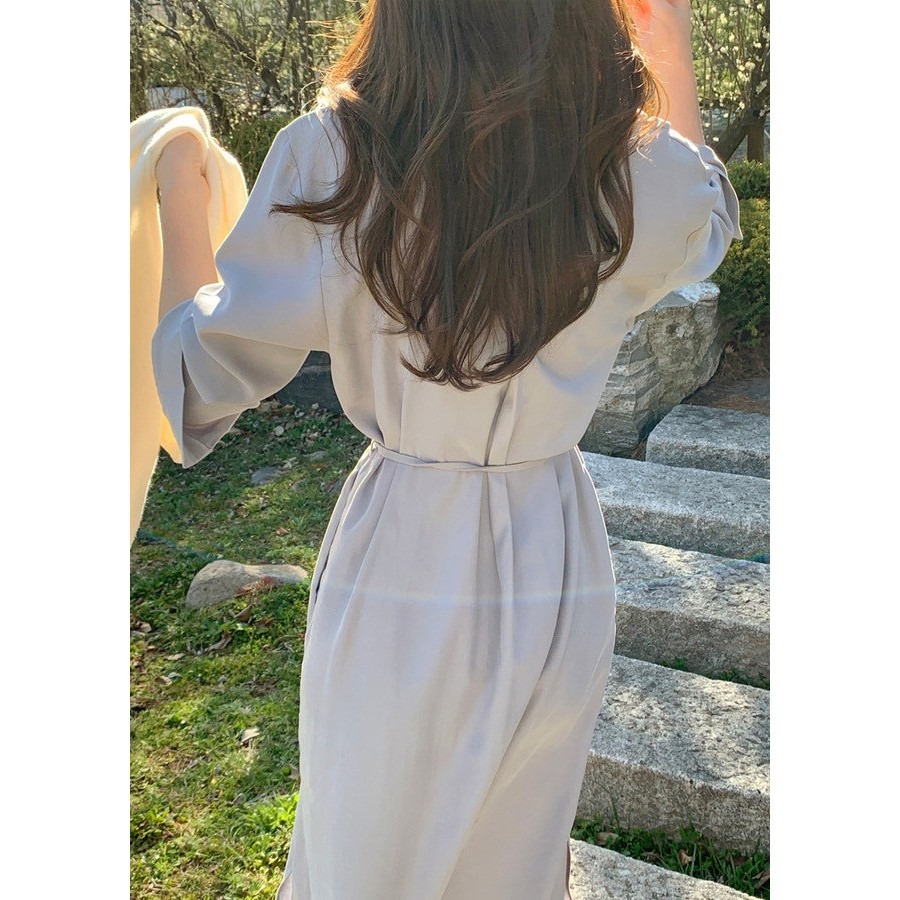 GLOW•韓系女裝·熱銷破千 S-XL現貨 歐膩韓版洋裝 一件式婚禮洋裝 溫柔V領排扣長洋 翻領雪紡洋裝 A2001-細節圖5