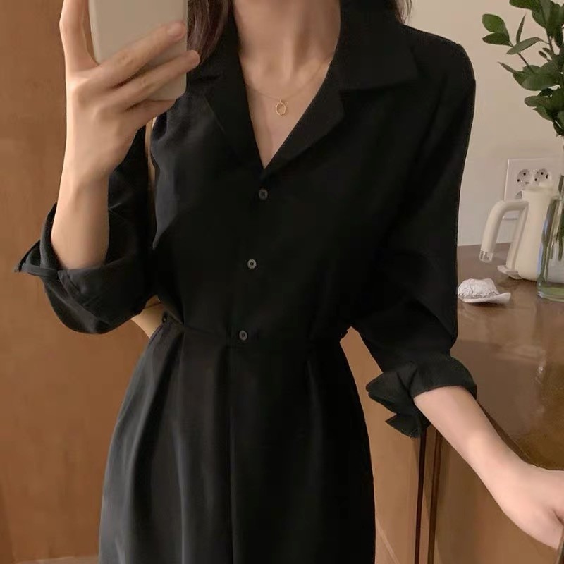 GLOW•韓系女裝·熱銷破千 S-XL現貨 歐膩韓版洋裝 一件式婚禮洋裝 溫柔V領排扣長洋 翻領雪紡洋裝 A2001-細節圖6