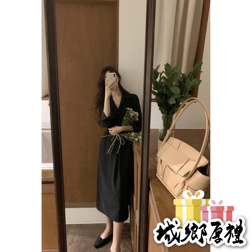 GLOW•韓系女裝·熱銷破千 S-XL現貨 歐膩韓版洋裝 一件式婚禮洋裝 溫柔V領排扣長洋 翻領雪紡洋裝 A2001-細節圖7