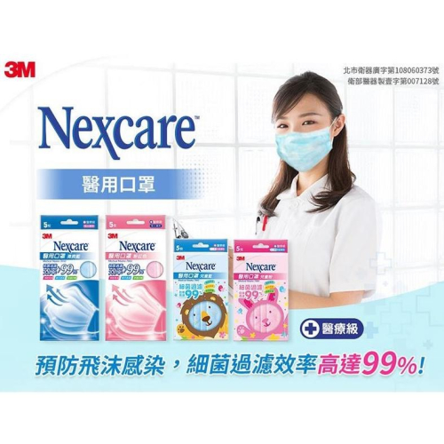 【3M Nexcare】7660 成人 / 兒童醫用平面口罩 水藍色/粉色(5入/包) 醫療口罩 雙鋼印 台灣製