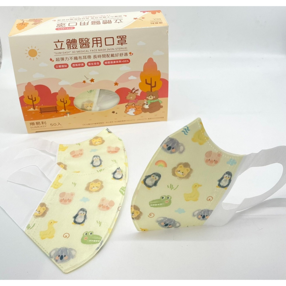 【順易利-寬耳帶】兒童S立體醫用口罩 寬耳帶 扁線 50入 寬耳繩  奶油法鬥 蛋糕熊 侏儸紀 恐龍 動物一家-細節圖2