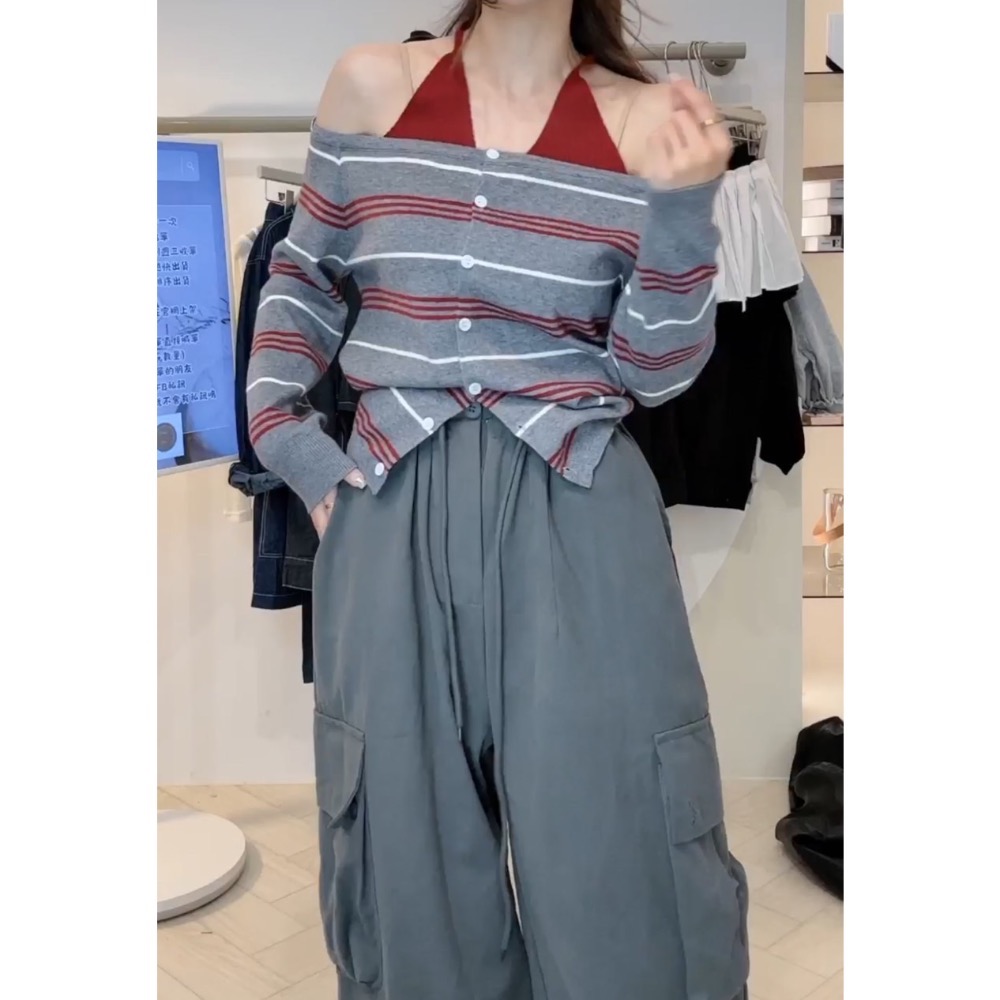 條紋上衣、紅灰色針織上衣-細節圖2