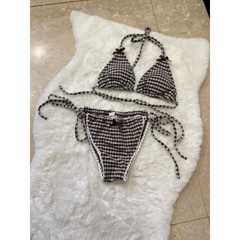 三件式復古咖啡格紋比基尼｜附同款綁帶沙灘裙-細節圖2