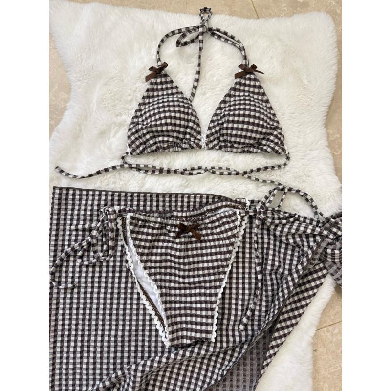 三件式復古咖啡格紋比基尼｜附同款綁帶沙灘裙-細節圖3