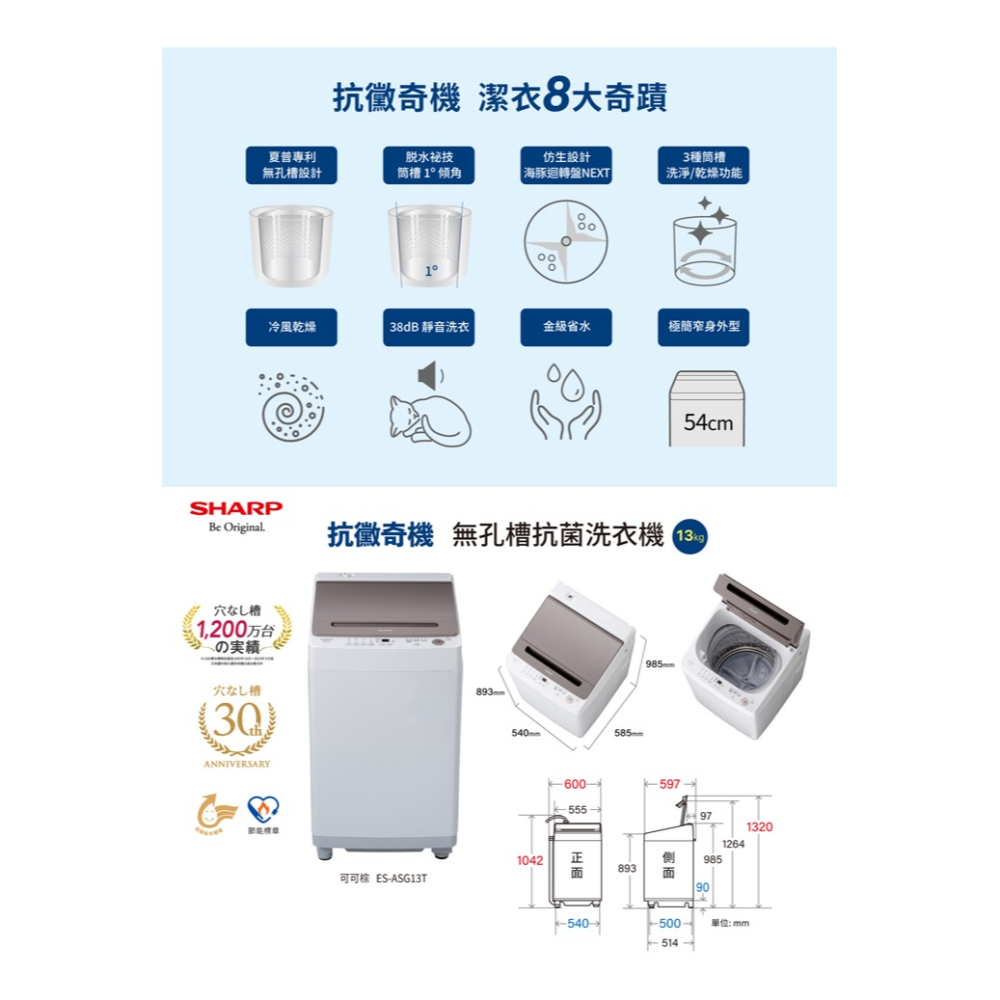 SHARP 夏普 13Kg 變頻無孔槽洗衣機 ES-ASG13T-細節圖8