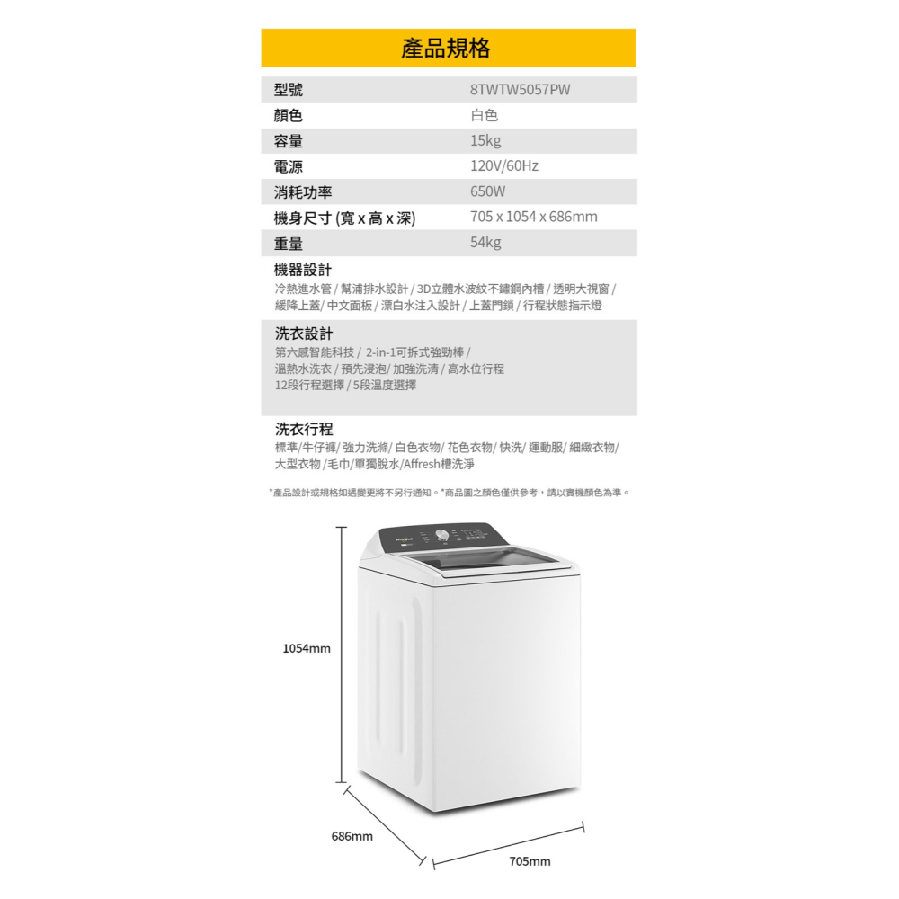 Whirlpool 惠而浦 15KG 美製 2-in-1 可拆式長棒直立洗衣機 8TWTW5057PW-細節圖9