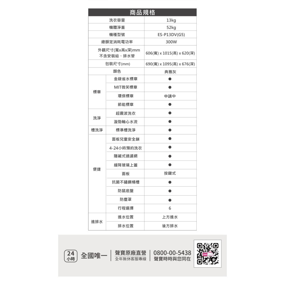 SAMPO 聲寶 ( ES-P13DV/G5 ) 13KG 超震波變頻單槽洗衣機 -典雅灰《送基本安裝、舊機回收》-細節圖7