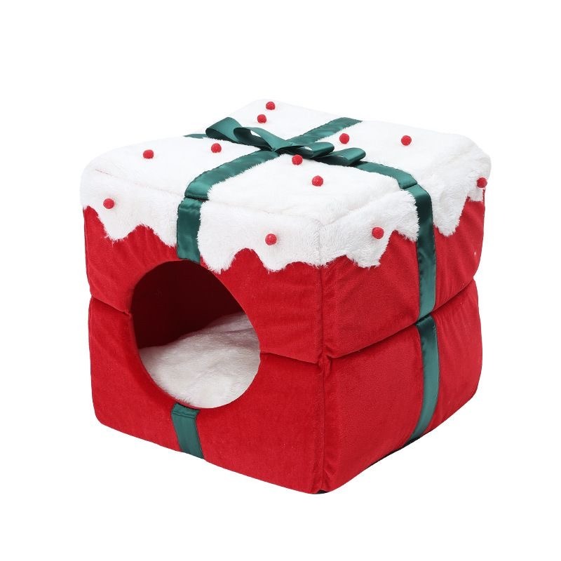 「寵物也要有聖誕氣氛」聖誕寵物貓窩 保暖可拆洗大通用室內 兩用窩保暖小型犬狗窩-細節圖5