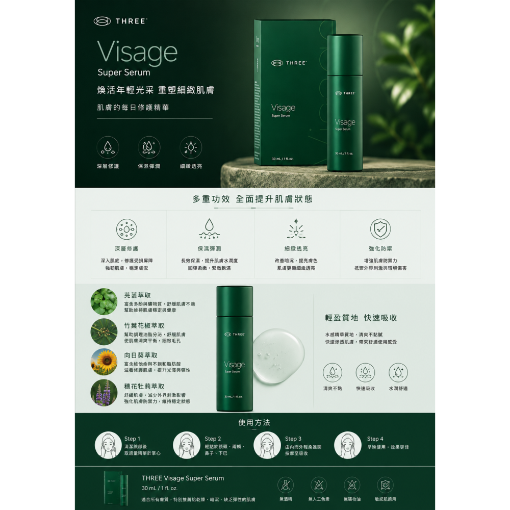 visage super serum薇莎精華液30/瓶 芫荽 竹葉花椒 向日葵 五味子 尿囊素 角鯊烯 補骨脂酚-細節圖2