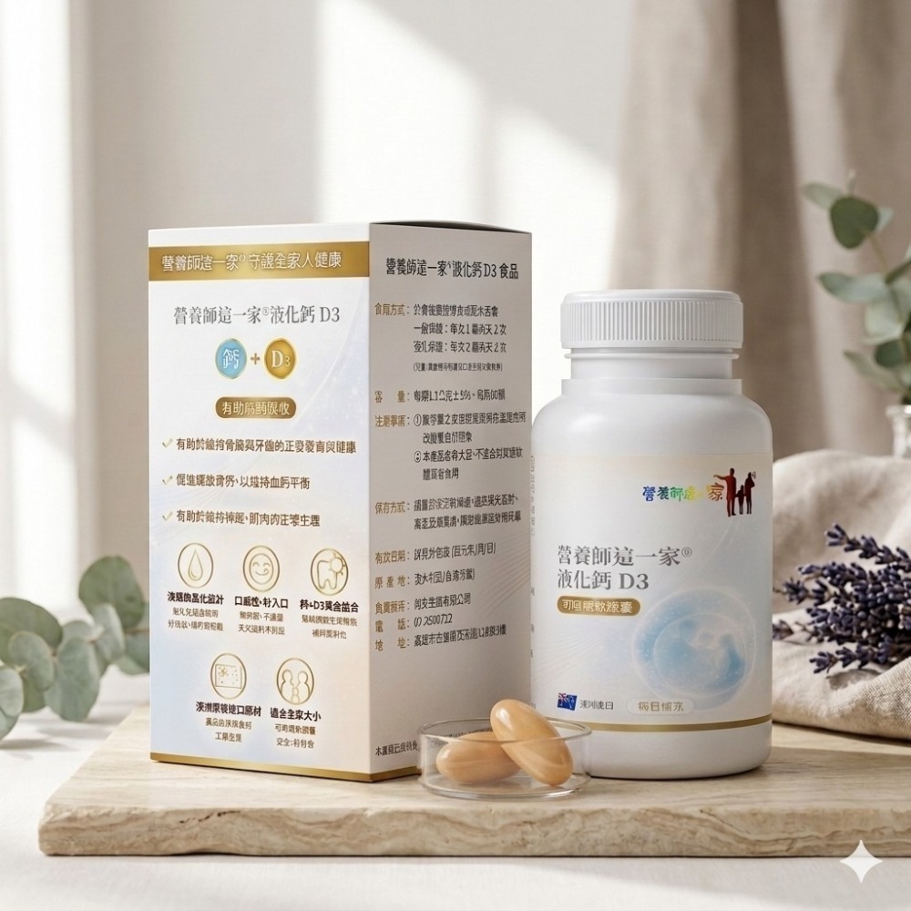 營養師這一家D3液化鈣60粒/瓶 澳洲進口 可咀嚼軟膠囊 碳酸鈣 維生素D3 卵磷脂 檸檬酸-細節圖7