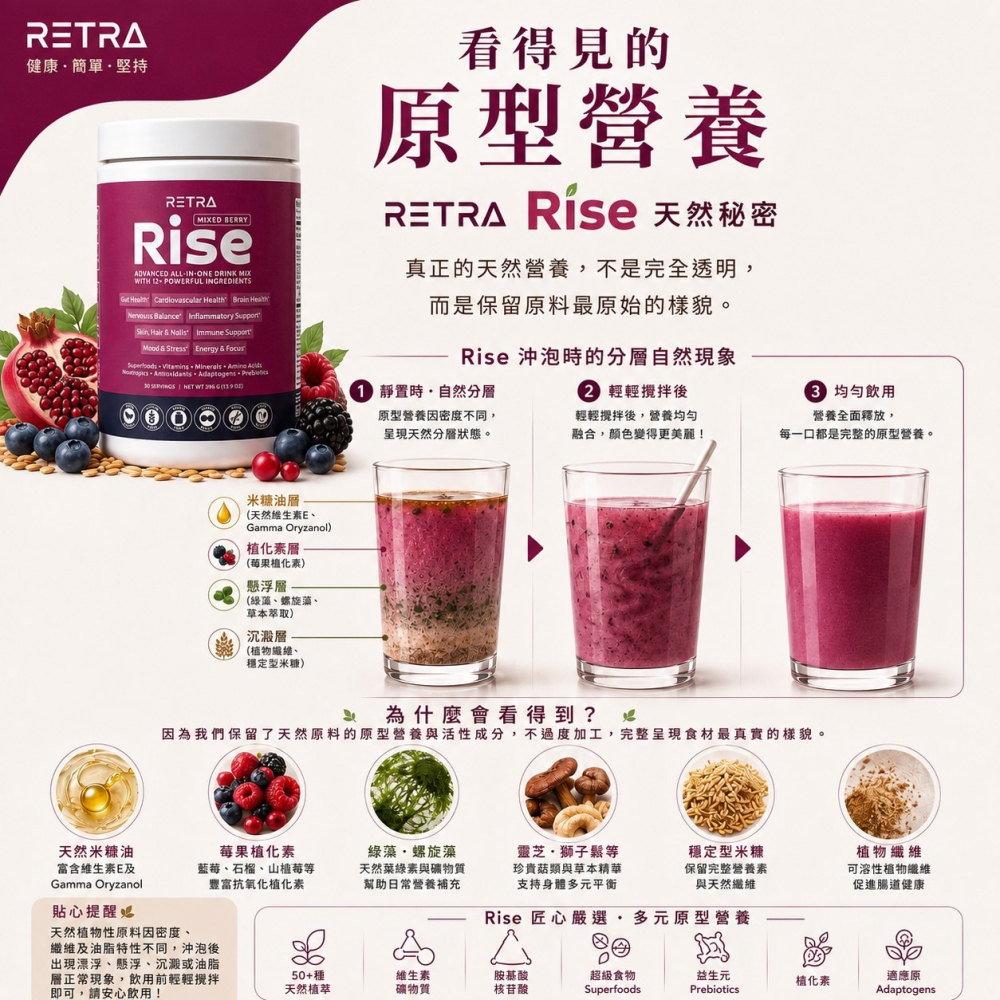 RISE綜合莓果營養粉300公克/罐 美國RETRA穩定型米糠飲 RISE全素沖泡營養-細節圖2
