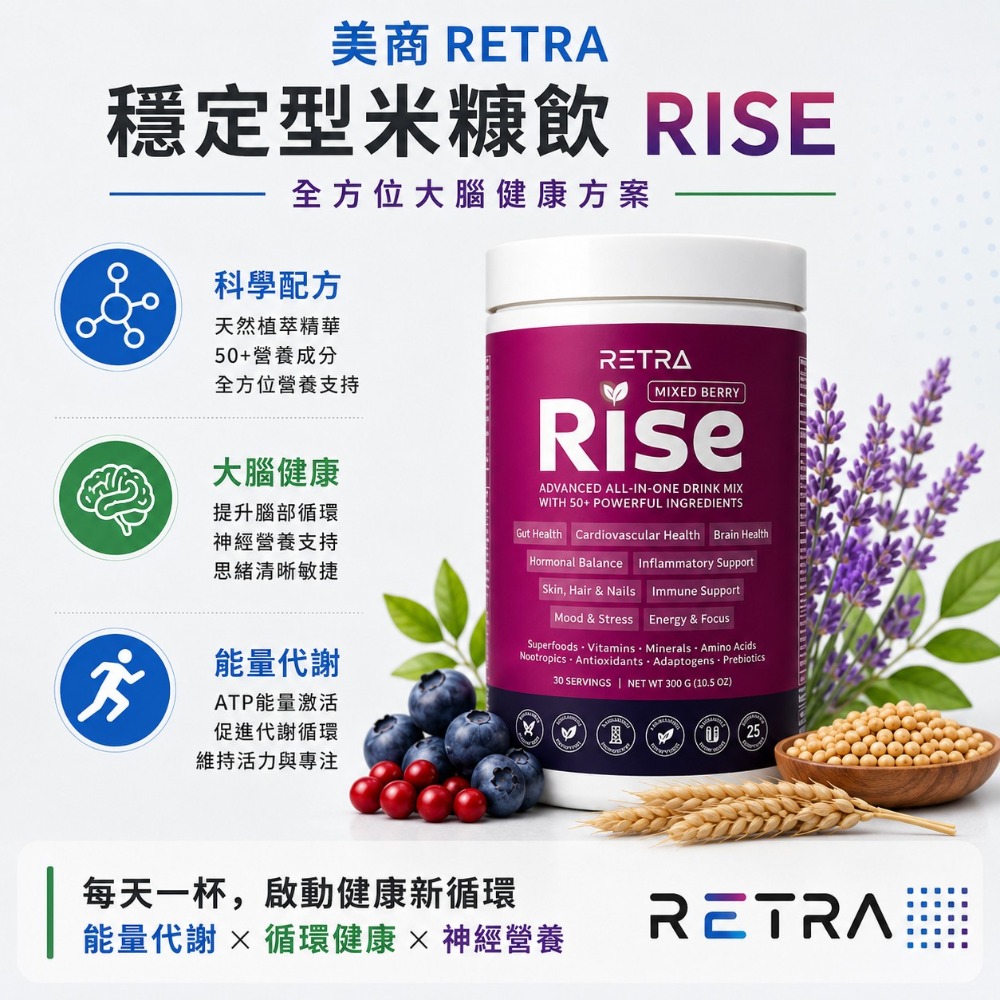 RISE綜合莓果營養粉300公克/罐 美國RETRA穩定型米糠飲 RISE全素沖泡營養-規格圖3