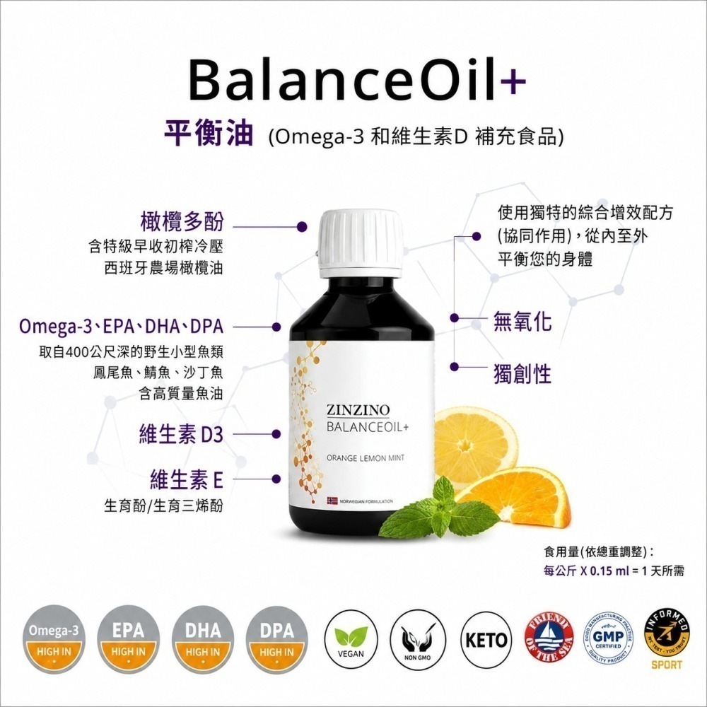 ZINZINO Balance Oil+平衡油300ml/瓶 柳橙檸檬及薄荷風味 聖希諾魚油 挪威配方 瑞典品牌 無腥味-細節圖2