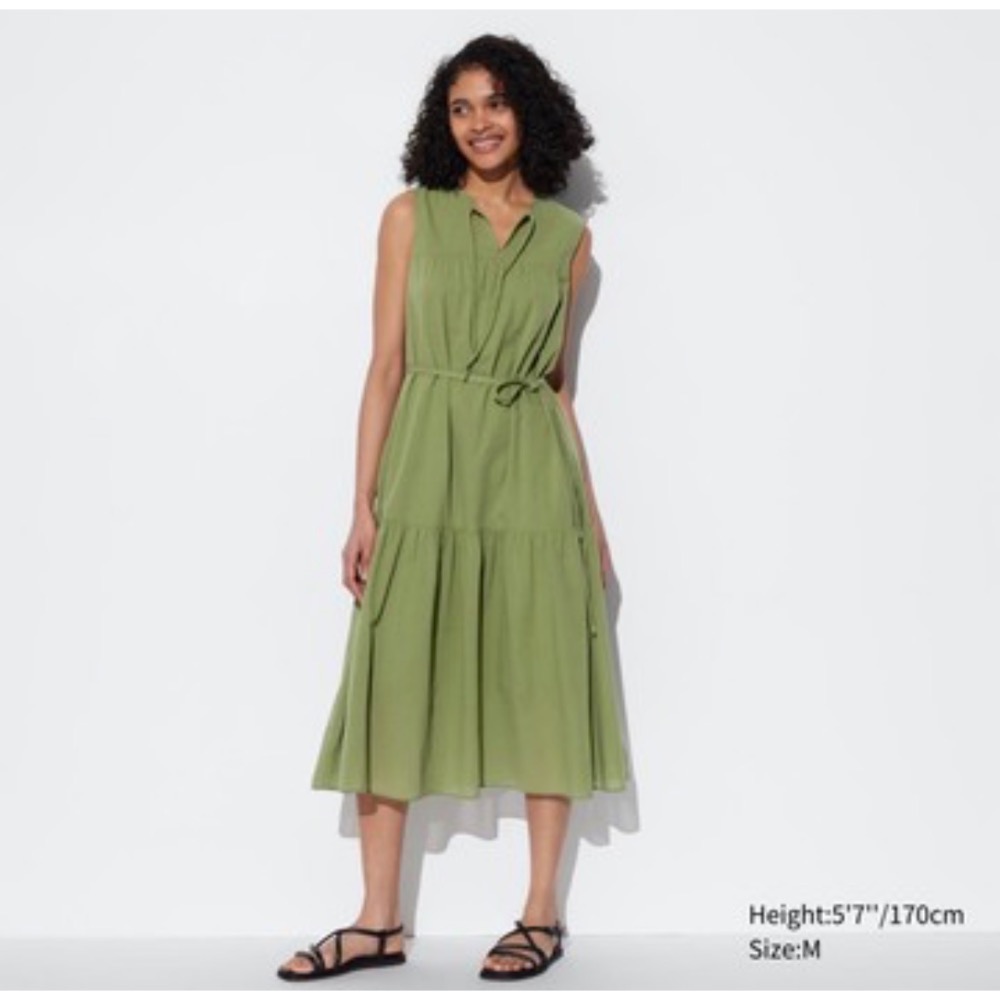 Uniqlo 輕型棉質洋裝(無袖)(附內襯) 近全新 洋裝 綠色-細節圖3