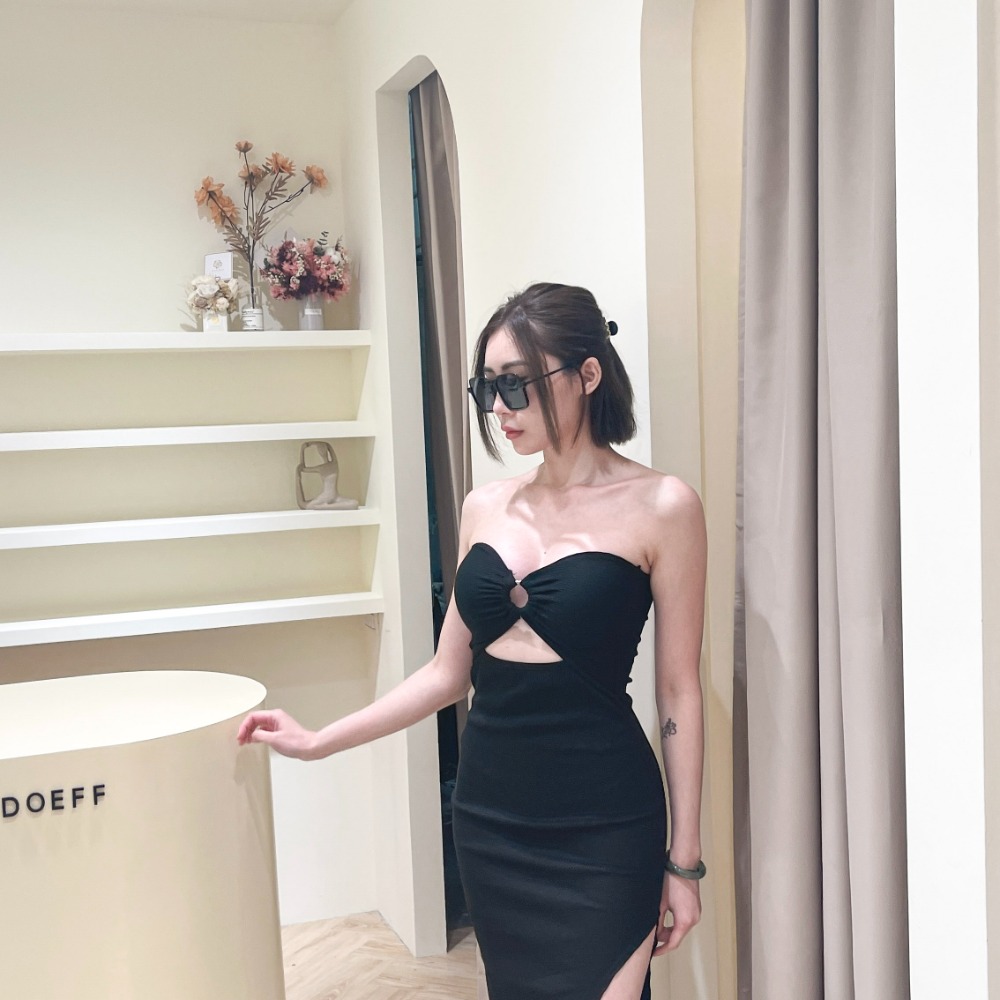 【DOE.FF】 圈環開岔抹胸長洋 (現貨) 洋裝 連身裙 顯瘦洋裝 長洋裝 短洋裝 渡假洋裝 性感洋裝 氣質洋裝 平口-細節圖7