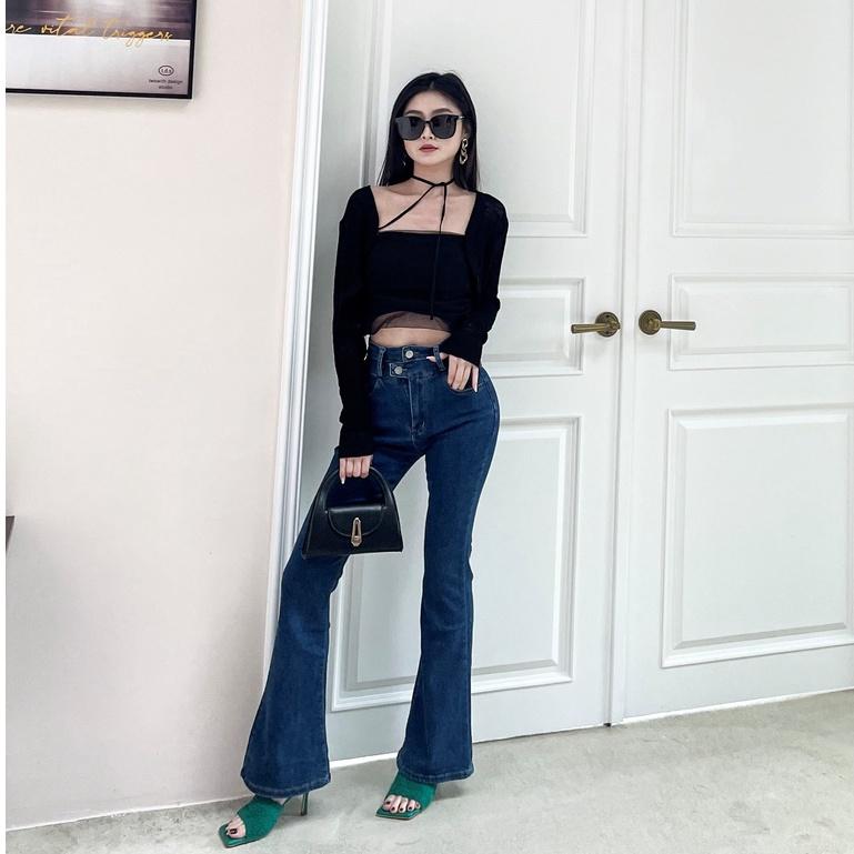 【DOE.FF】原色雙釦包臀牛仔喇叭褲 (現貨) 喇叭褲 顯瘦長褲 牛仔長褲 長褲女 高腰長褲 闊腿褲 女裝 辣妹風-細節圖3